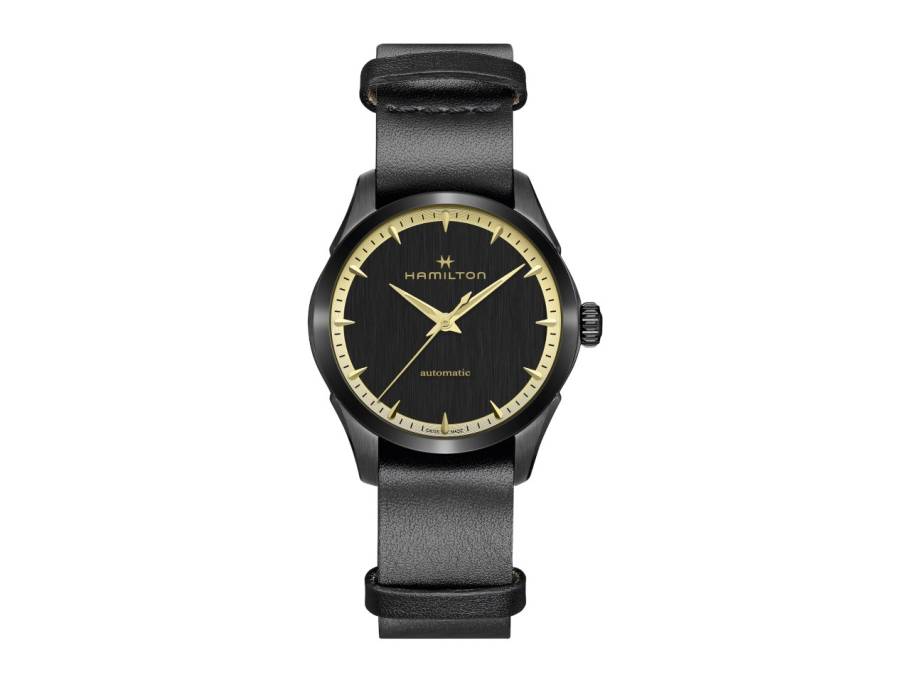 Jazzmaster Auto Edelstahl PVD-Schwarz 36mm schwarzes Zifferblatt schwarzes Lederband
