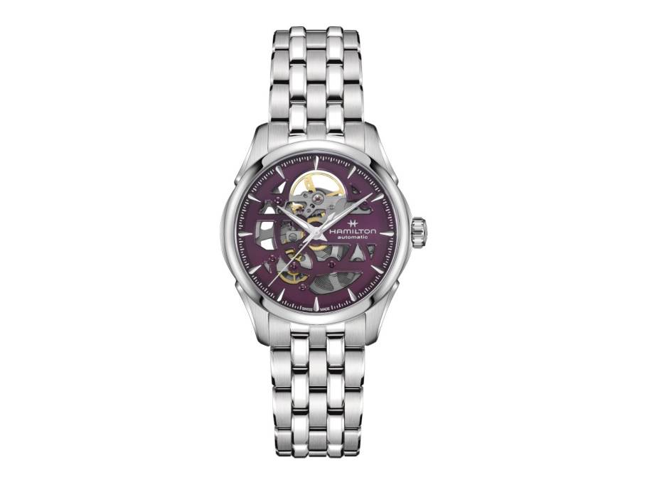  Jazzmaster Skeleton Lady Auto Edelstahl 36mm violettes Zifferblatt Metallband