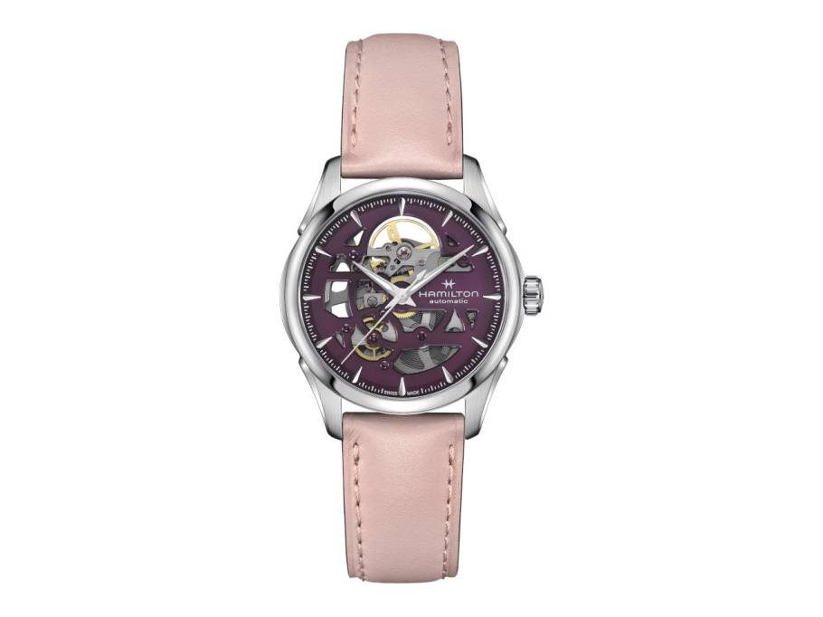  Jazzmaster Skeleton Lady Auto Edelstahl 36mm violettes Zifferblatt rosa Lederband