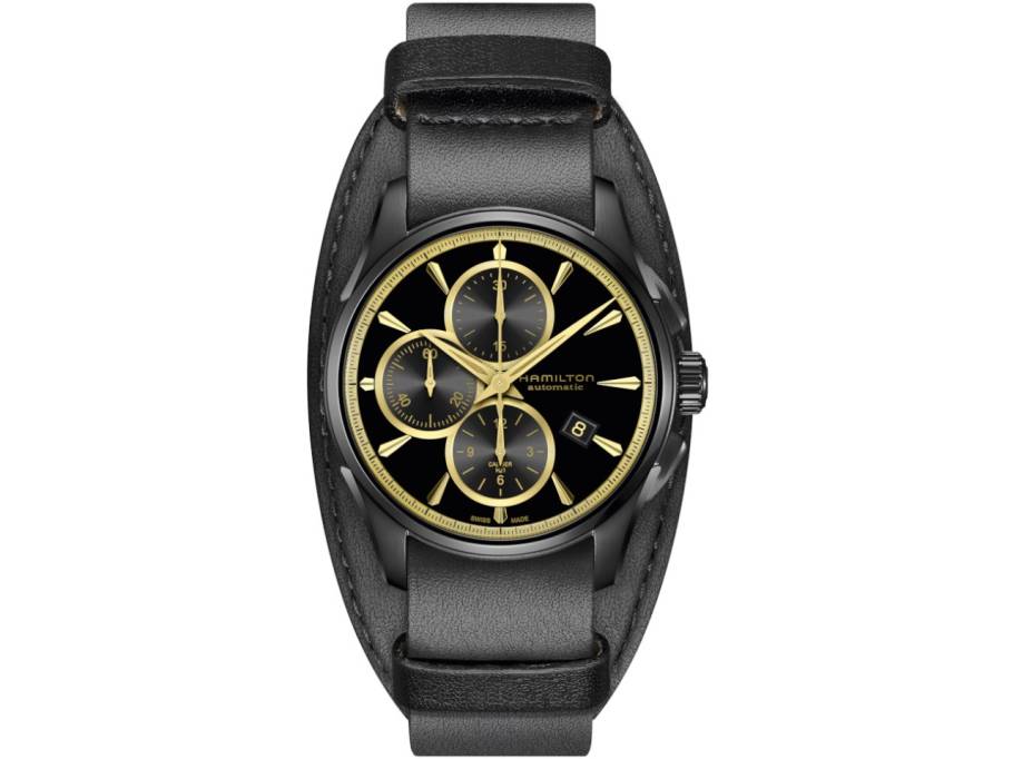 Jazzmaster Auto Chrono Edelstahl PVD-Schwarz 42mm schwarz-goldenes Zifferblatt schwarzes Lederband 