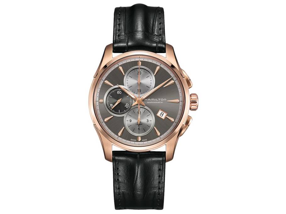 Jazzmaster Auto Chrono Edelstahl PVD-Roségold 42mm graues Zifferblatt schwarzes Lederband