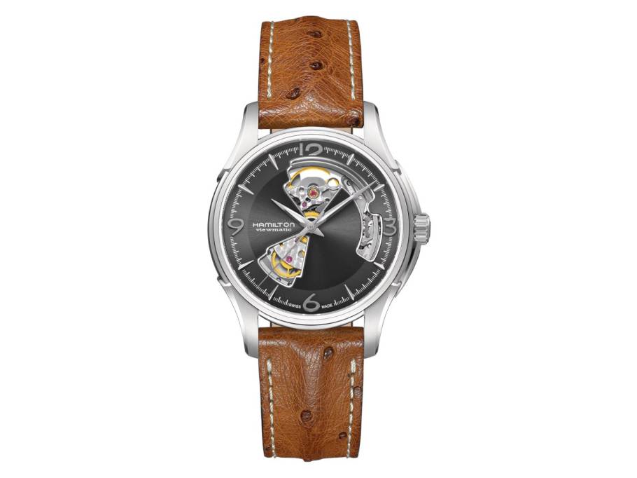 Jazzmaster Open Heart Automatik Edelstahl 40mm graues Zifferblatt braunes Strauß-Lederband