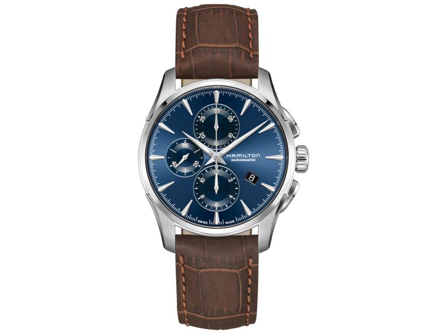 Jazzmaster Auto Chrono Edelstahl 42mm blaues Zifferblatt braunes Lederband