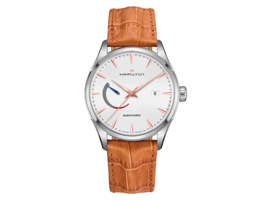 Jazzmaster Power Reserve Automatik Edelstahl 42mm weißes Zifferblatt braunes Lederband
