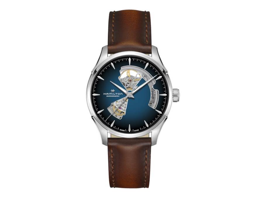 Jazzmaster Open Heart Automatik Edelstahl 40mm dunkelblaues Zifferblatt braunes Lederband
