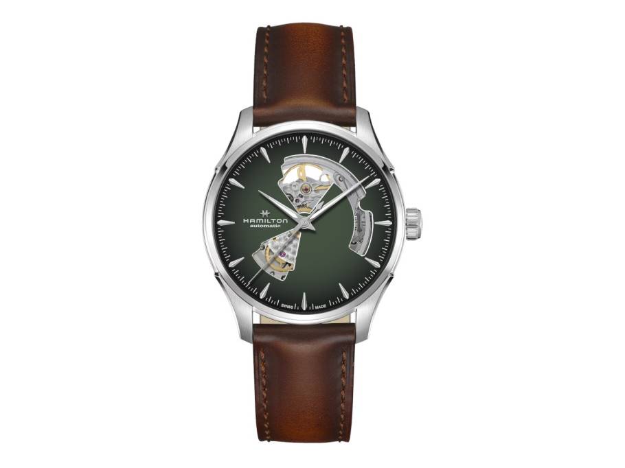 Jazzmaster Open Heart Automatik Edelstahl 42mm grünes Zifferblatt braunes Lederband