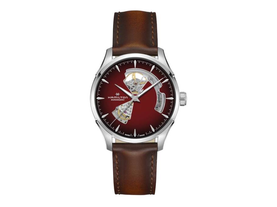 Jazzmaster Open Heart Automatik Edelstahl 40mm rotes Zifferblatt rotbraunes Lederband