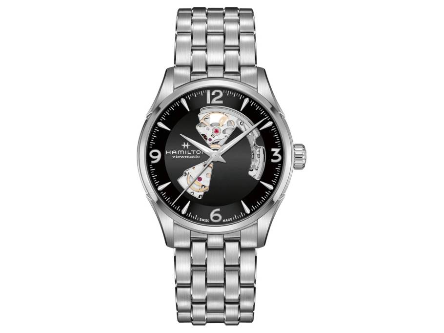 Jazzmaster Open Heart Automatik Edelstahl 42mm schwarzes Zifferblatt Metallband