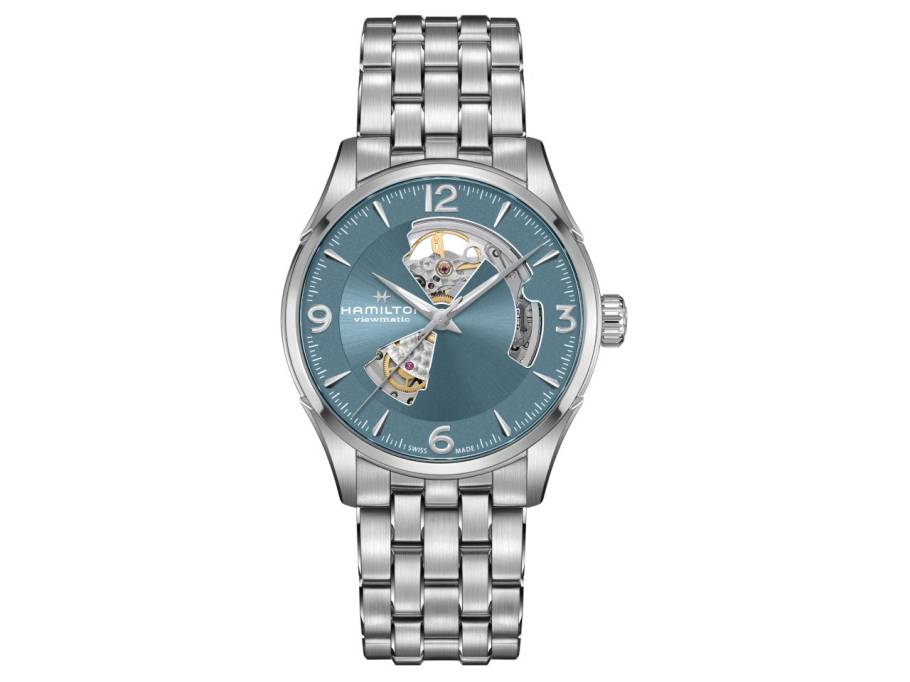 Jazzmaster Open Heart Automatik Edelstahl 42mm hellblaues Zifferblatt Metallband