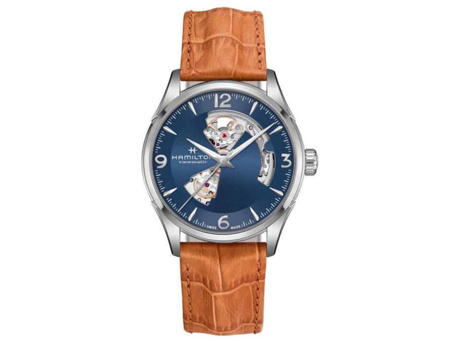 Jazzmaster Open Heart Automatik Edelstahl 42mm blaues Zifferblatt braunes Lederband 