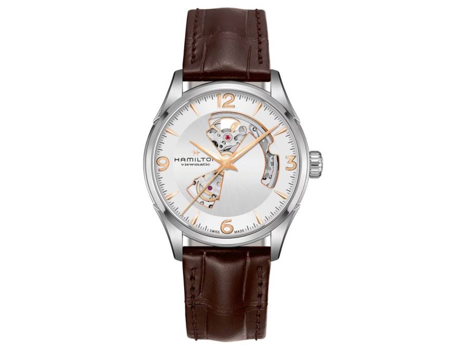 Jazzmaster Open Heart Automatik Edelstahl 42mm silbernes Zifferblatt braunes Lederband