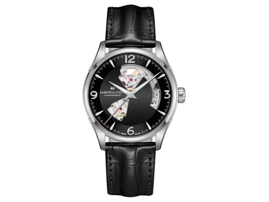 Jazzmaster Open Heart Automatik Edelstahl 42mm schwarzes Zifferblatt schwarzes Lederband 