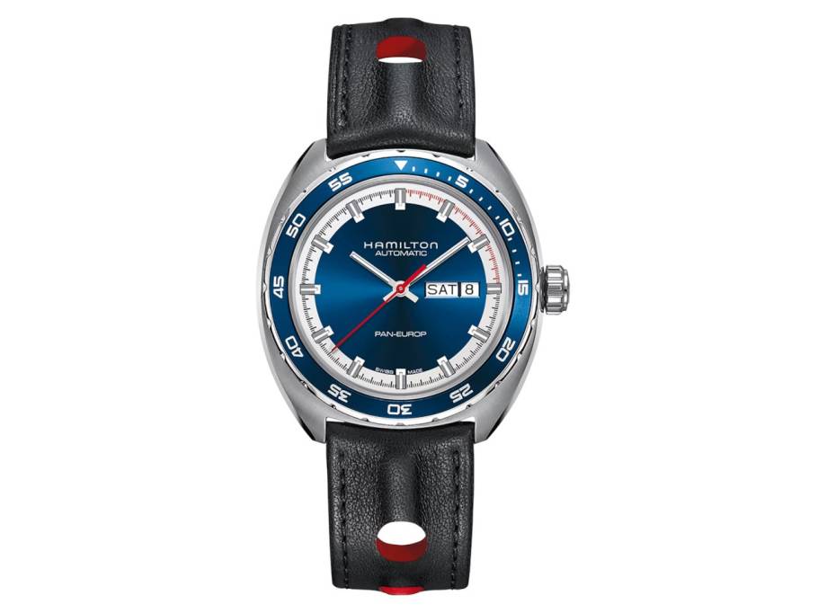 American Classic Pan Europe Automatik Edelstahl 42 mm blau Lederband schwarz