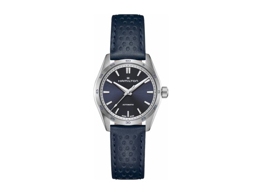  Jazzmaster Performer Auto Edelstahl 34mm dunkelblaues Zifferblatt dunkelblaues Lederband