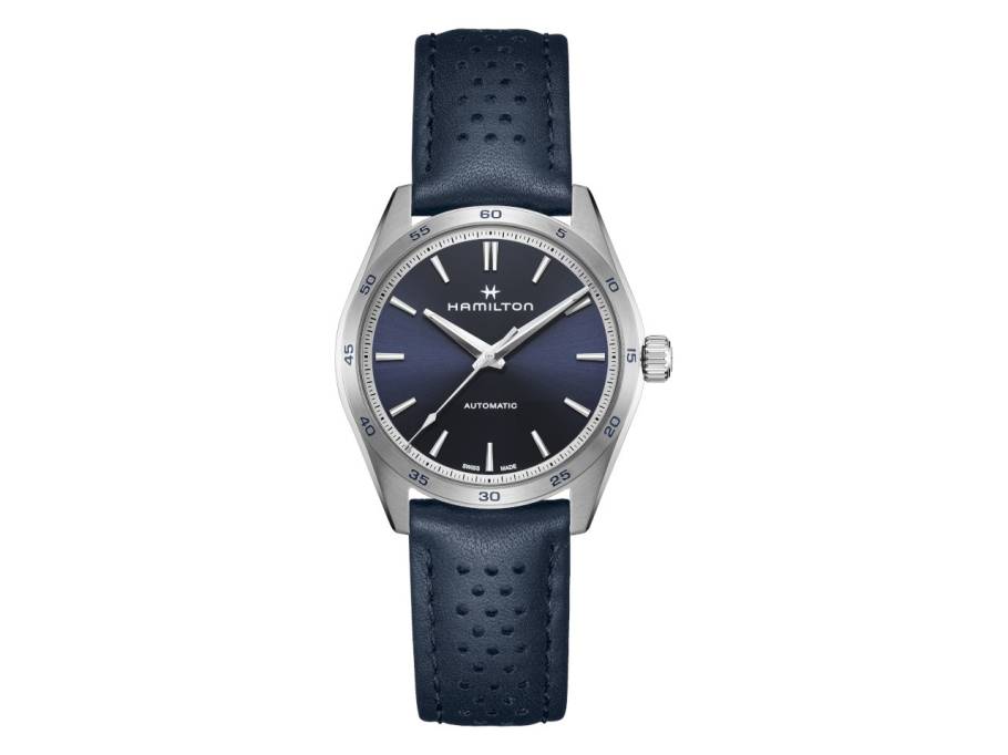  Jazzmaster Performer Auto Edelstahl 38mm dunkelblaues Zifferblatt dunkelblaues Lederband