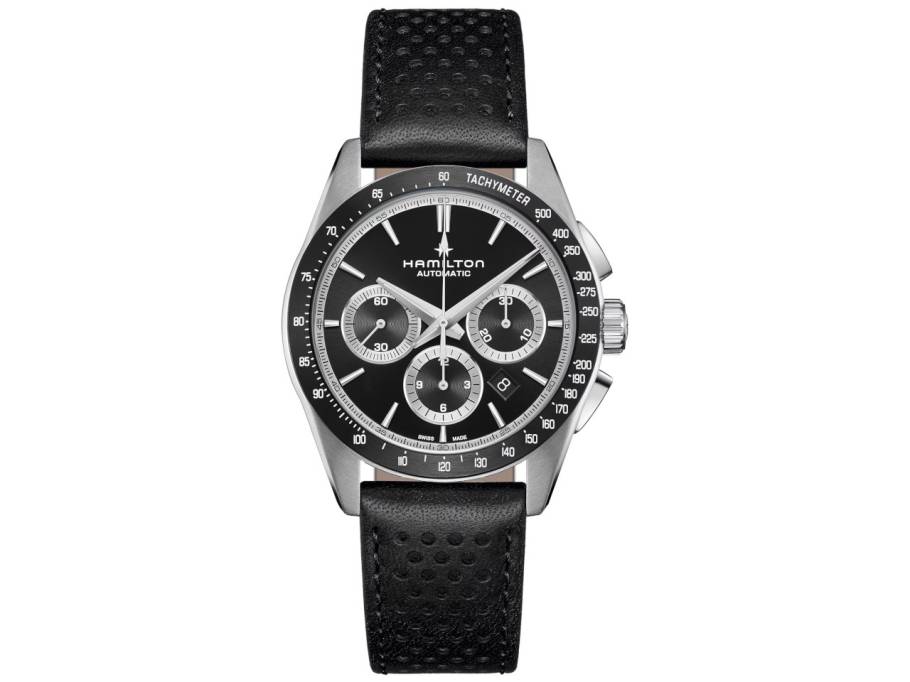 Jazzmaster Performer Auto Chrono Edelstahl 42mm schwarzes Zifferblatt schwarzes Lederband