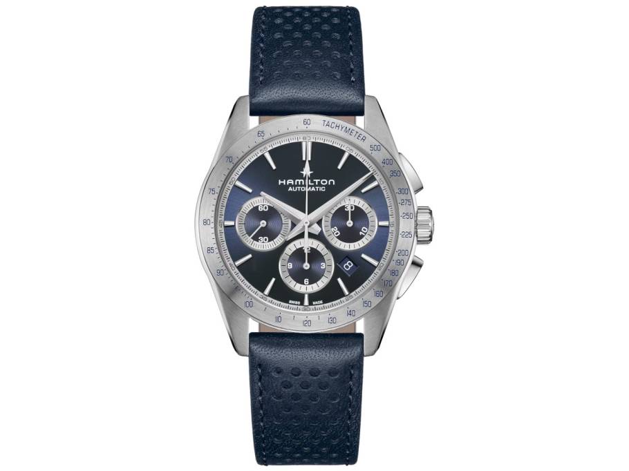   Jazzmaster Performer Auto Chrono Edelstahl 42mm dunkelblaues Zifferblatt dunkelblaues Lederband