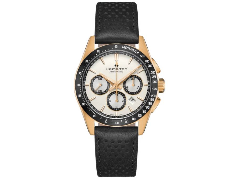   Jazzmaster Performer Auto Chrono Edelstahl PVD-Roségold 42mm weißes Zifferblatt schwarzes Lederband