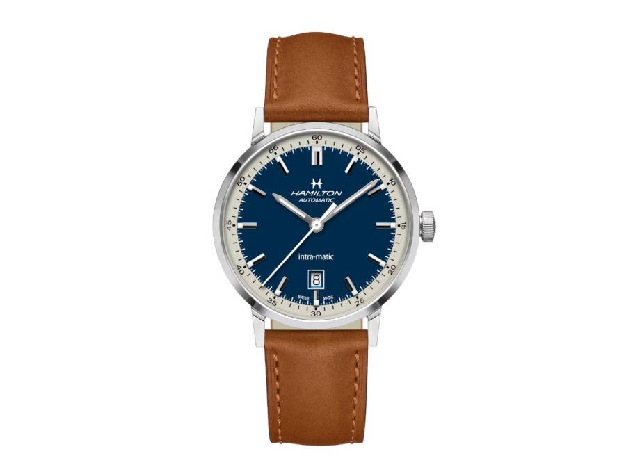 Intra-Matic Herrenuhr mit Datum 40 mm blaues Zifferblatt braunes Lederband