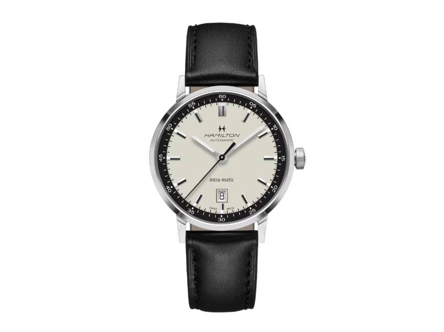 Intra-Matic Herrenuhr mit Datum 40 mm beiges Zifferblatt schwarzes Lederband