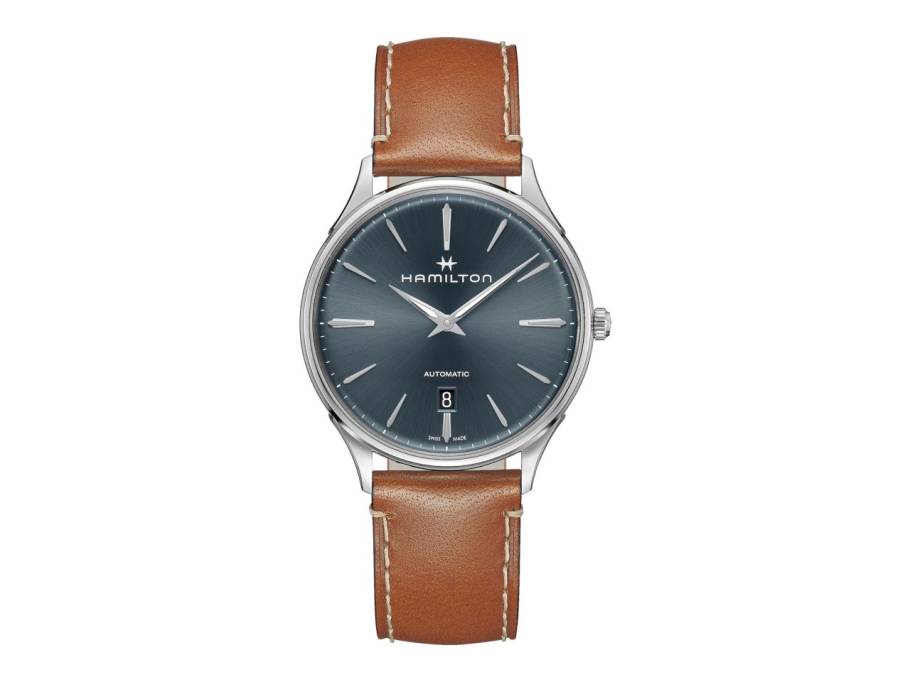 Jazzmaster Thinline Automatik Edelstahl 40mm graues Zifferblatt braunes Lederband