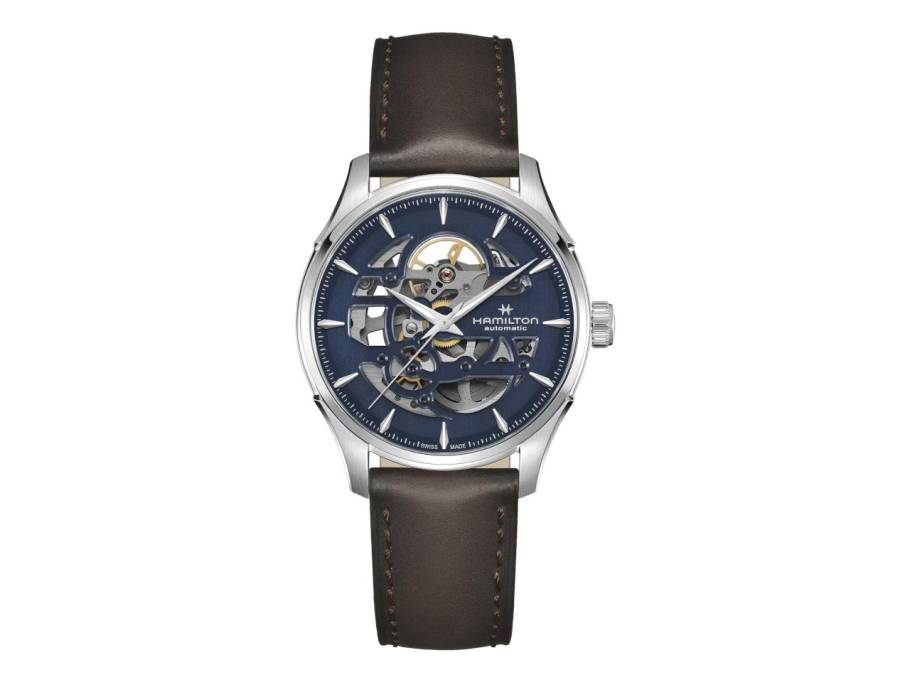  Jazzmaster Skeleton Auto Edelstahl 40mm dunkelblaues Zifferblatt braunes Lederband