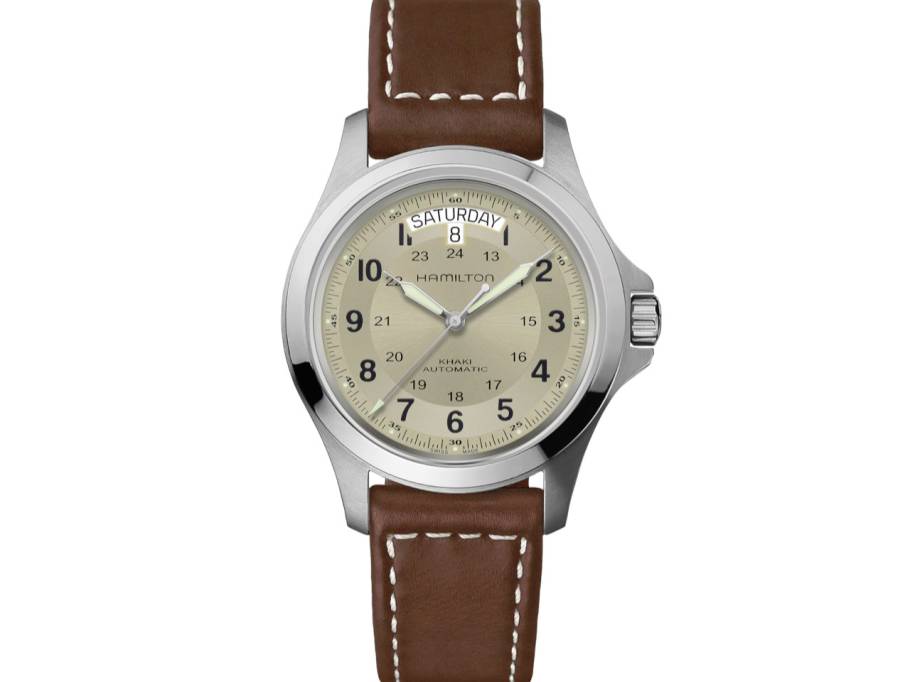Khaki Field King Auto Edelstahl 40mm beiges Zifferblatt braunes Lederband