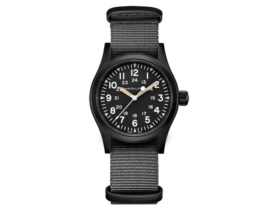 Khaki Field Mechanical Handaufzug Edelstahl 38mm schwarzes Zifferblatt schwarzes Textilband