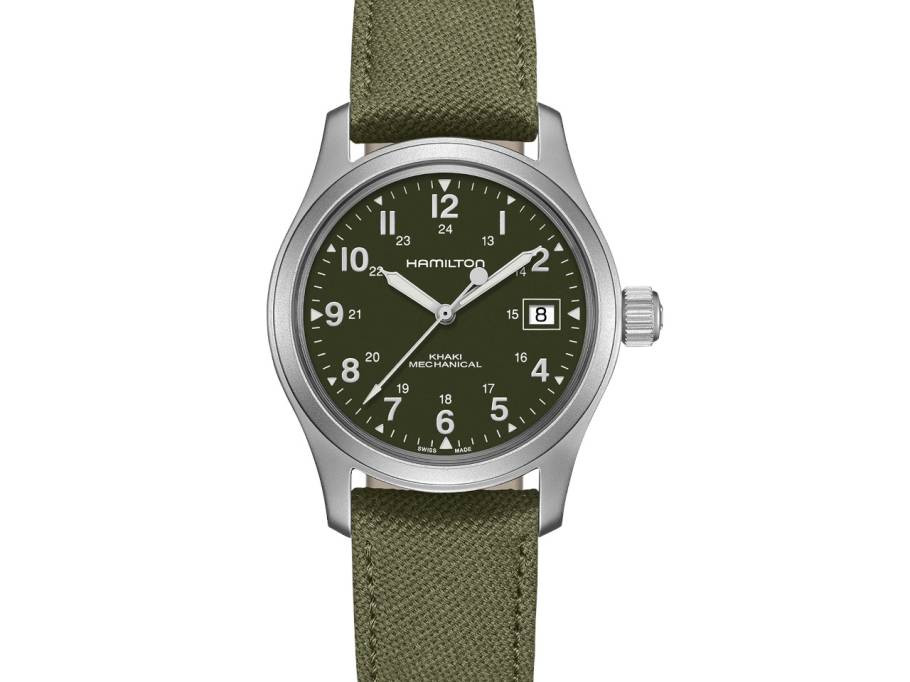 Khaki Field Mechanical Handaufzug Edelstahl 38mm grünes Zifferblatt grünes Lederband