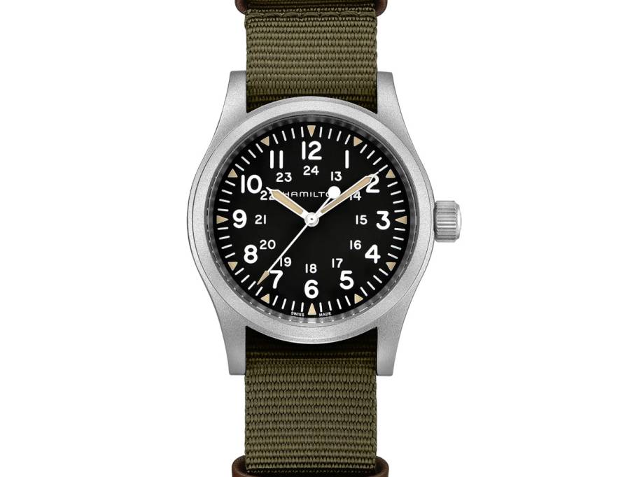 Khaki Field Mechanical Handaufzug Edelstahl 38mm schwarzes Zifferblatt olivgrünes Textilband