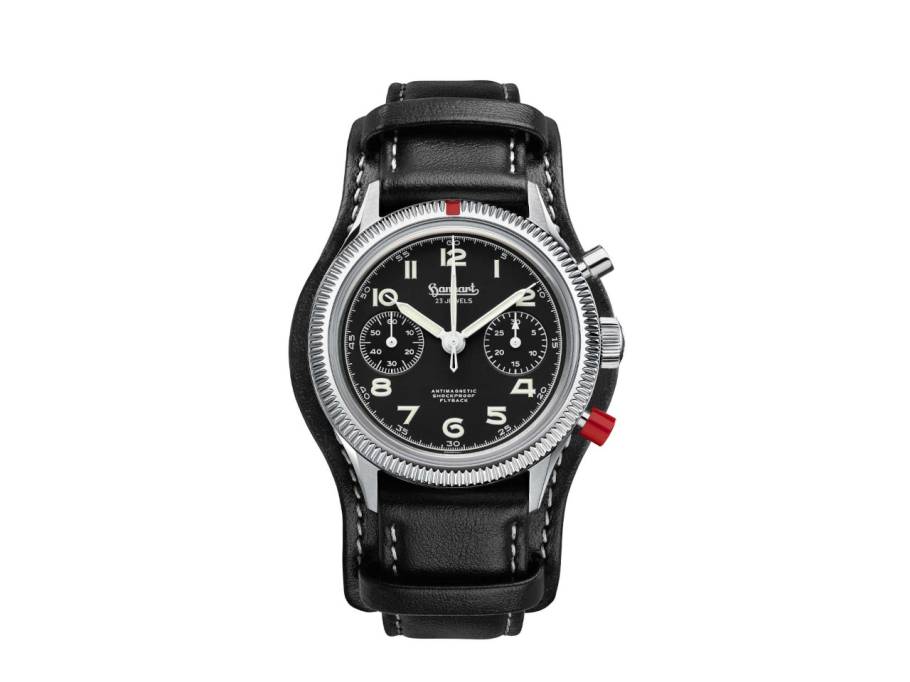 417 ES 1954 Heritage Flyback Chronograph Handaufzug Edelstahl 39mm schwarzes Zifferblatt schwarzes Lederband