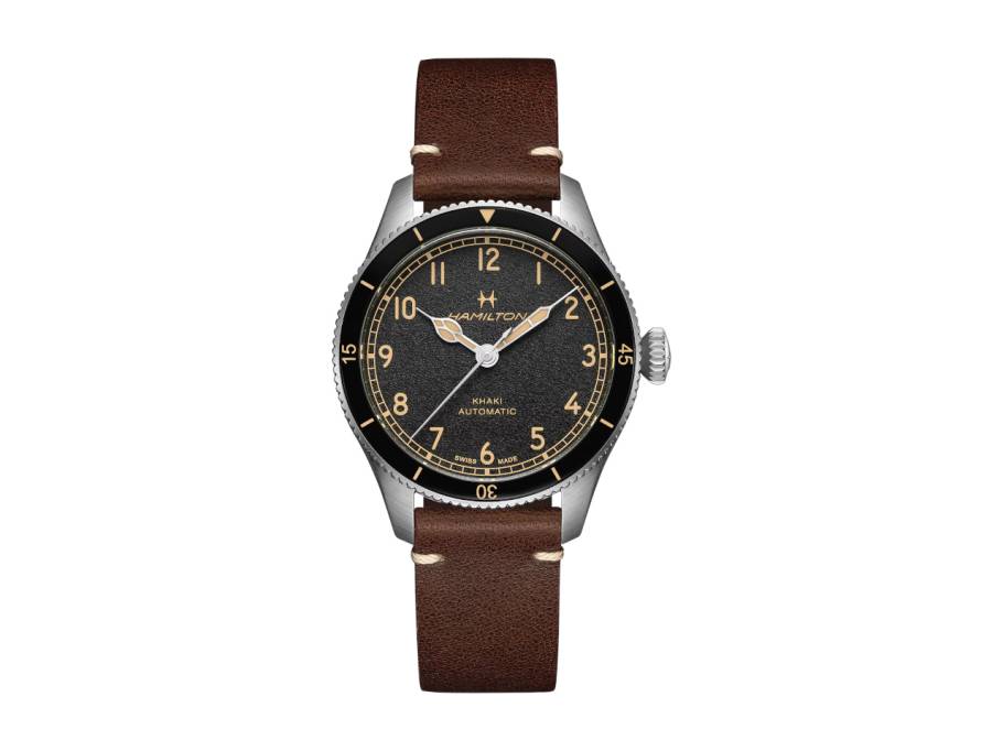 Khaki Aviation Pilot Pioneer Automatik Edelstahl 38mm schwarzes Zifferblatt braunes Lederband
