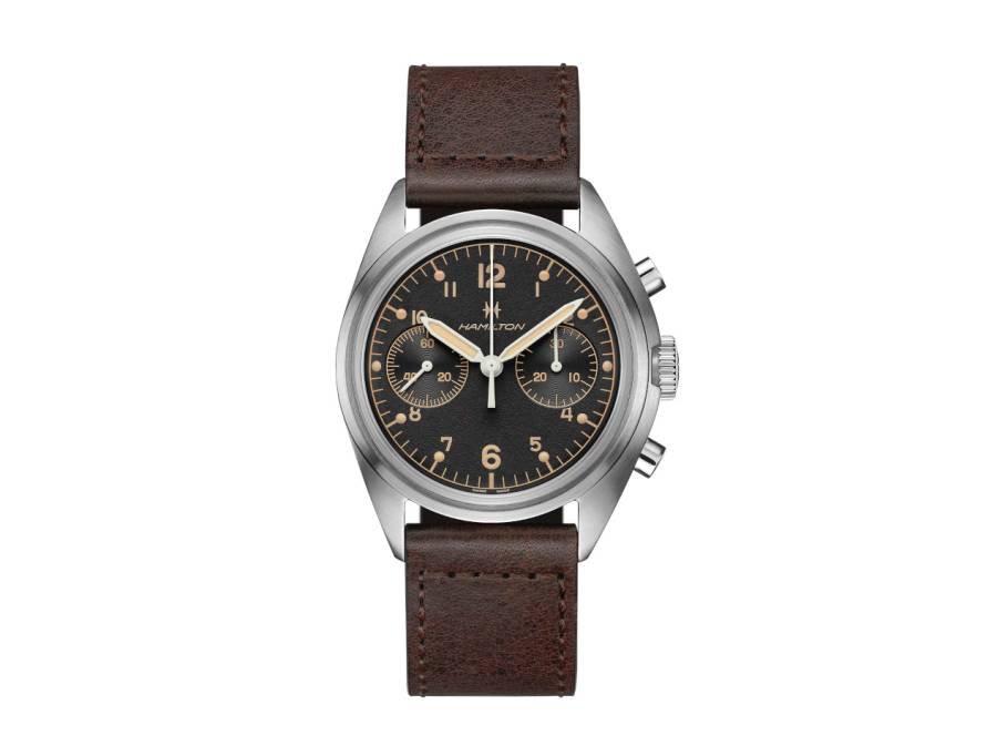 Khaki Aviation Pilot Pioneer Mechanical Chrono Handaufzug Edelstahl 40mm schwarzes Zifferblatt braunes Lederband