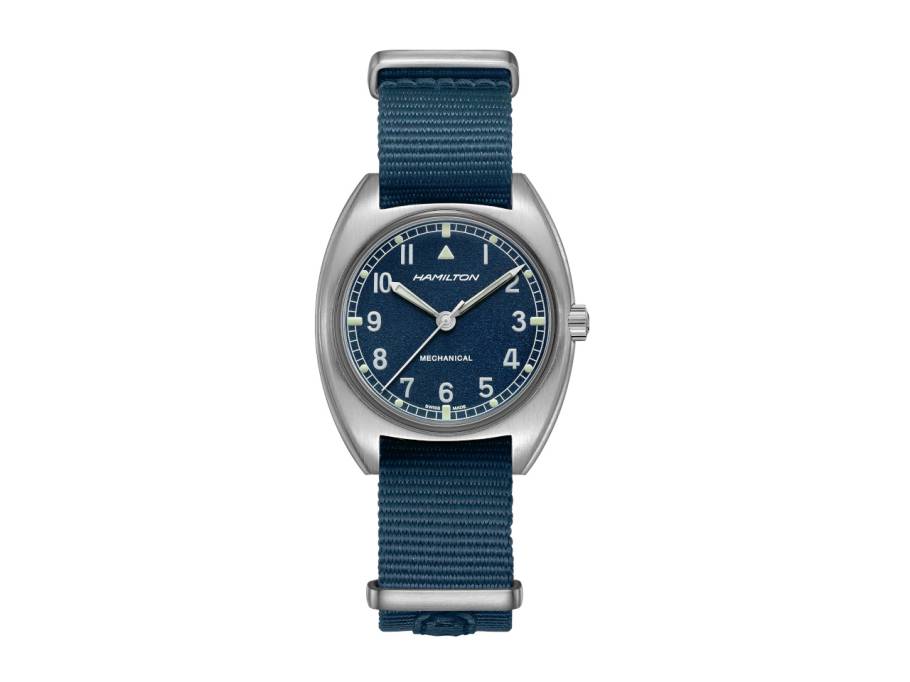 Khaki Aviation Pilot Pioneer Mechanical Handaufzug Edelstahl 36x33mm blaues Zifferblatt blaues Textilband