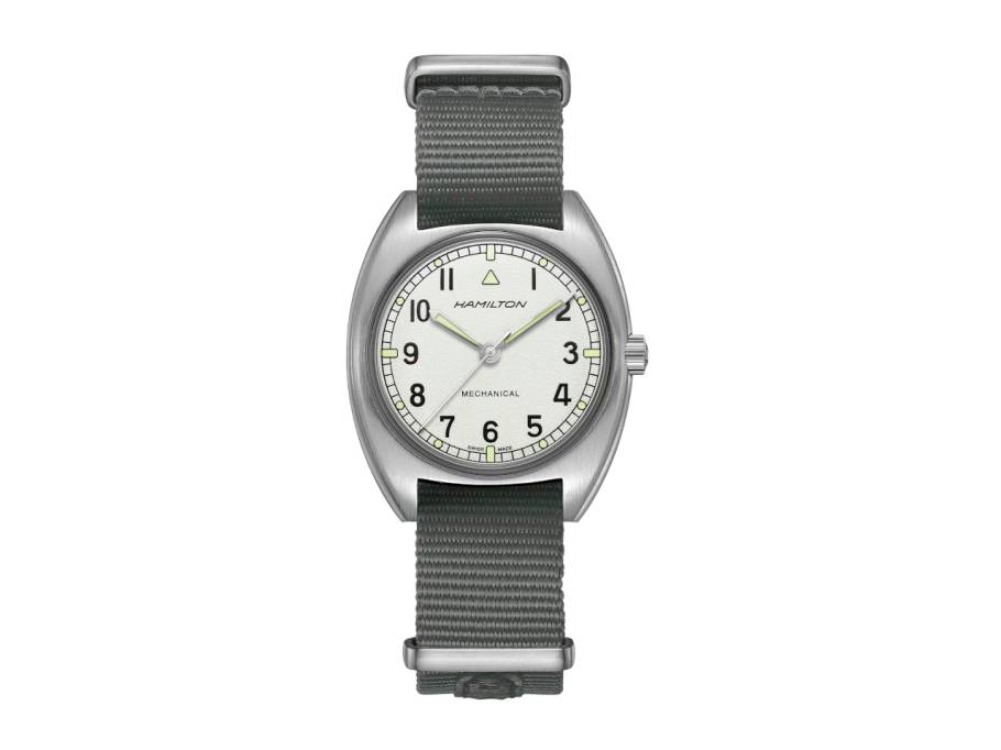Khaki Aviation Pilot Pioneer Mechanical Handaufzug Edelstahl 36x33mm weißes Zifferblatt blaues Textilband