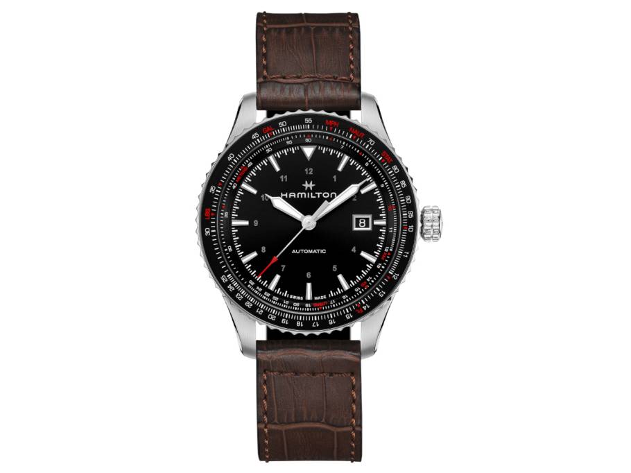 Khaki Aviation Converter Auto Edelstahl 42mm schwarzes Zifferblatt braunes Lederband