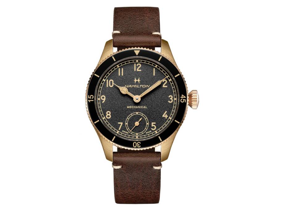 Khaki Aviation Pilot Pioneer Mechanical Handaufzug Bronze 43mm schwarzes Zifferblatt braunes Lederband 