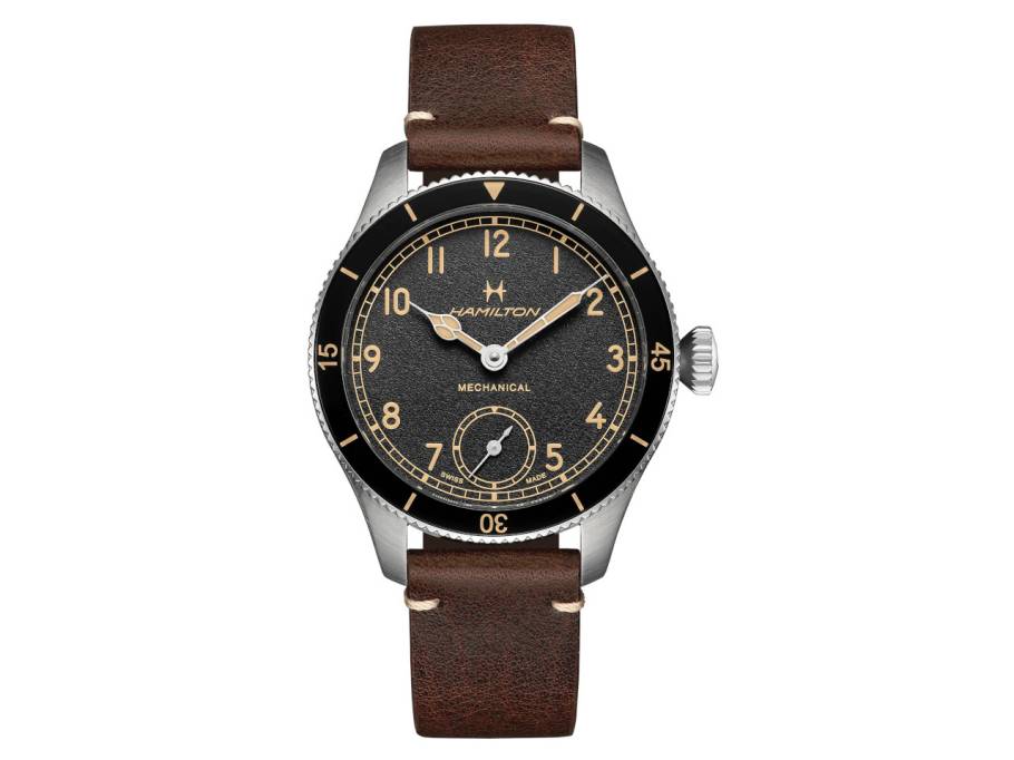 Khaki Aviation Pilot Pioneer Mechanical Handaufzug Edelstahl 43mm schwarzes Zifferblatt braunes Lederband 