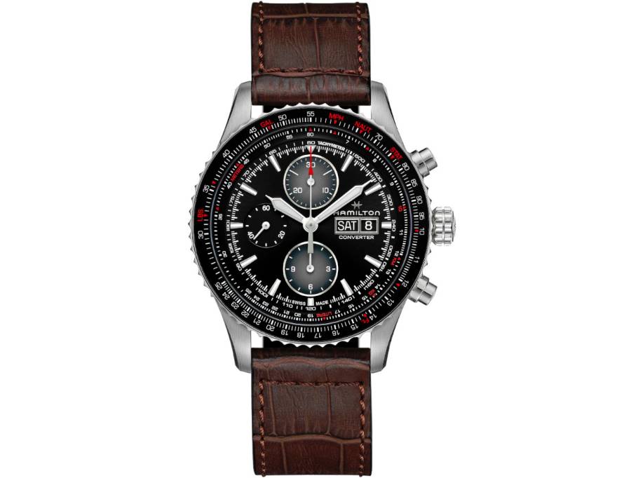 Khaki Aviation Converter Auto Chrono Edelstahl 44mm schwarzes Zifferblatt braunes Lederband 