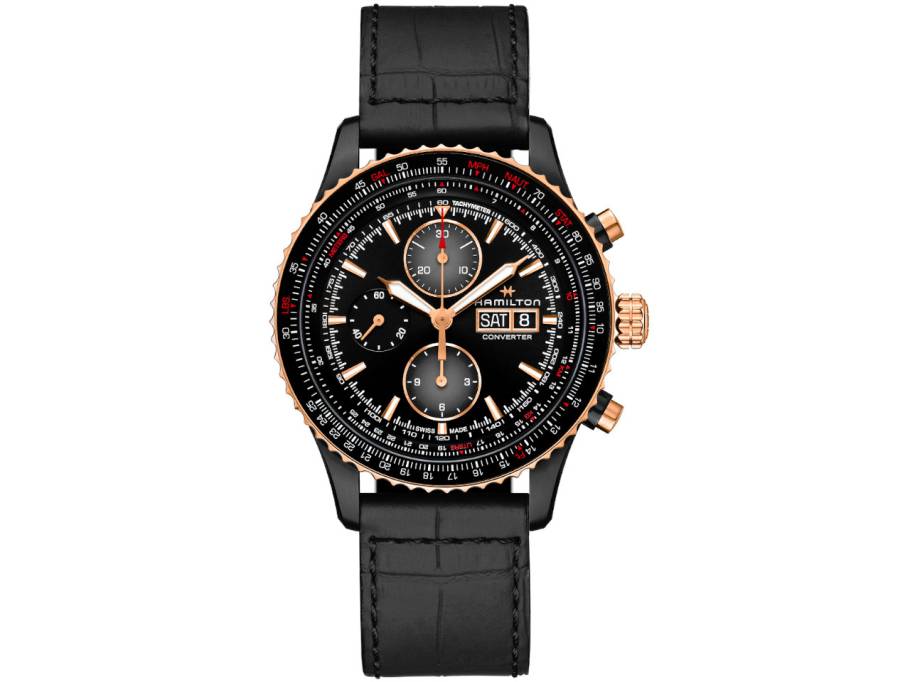 Khaki Aviation Converter Auto Chrono Edelstahl PVD-Schwarz 44mm schwarzes Zifferblatt schwarzes Lederband