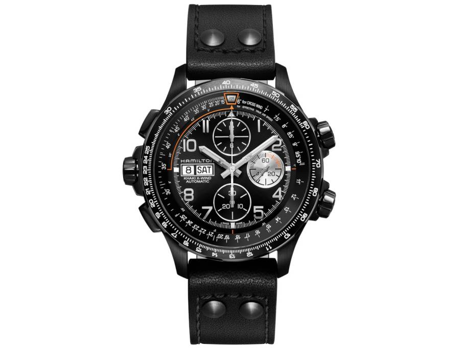 Khaki Aviation X-Wind Auto Chrono Edelstahl PVD-Schwarz 45mm schwarzes Zifferblatt schwarzes Lederband