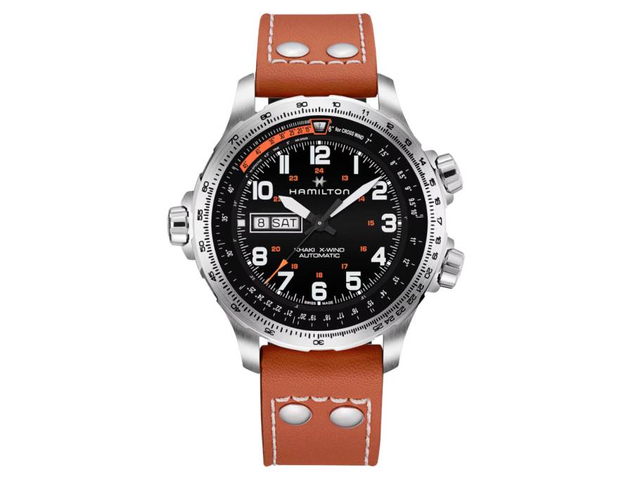 Khaki Aviation X-Wind Day Date Auto Edelstahl 45mm schwarzes Zifferblatt braunes Lederband