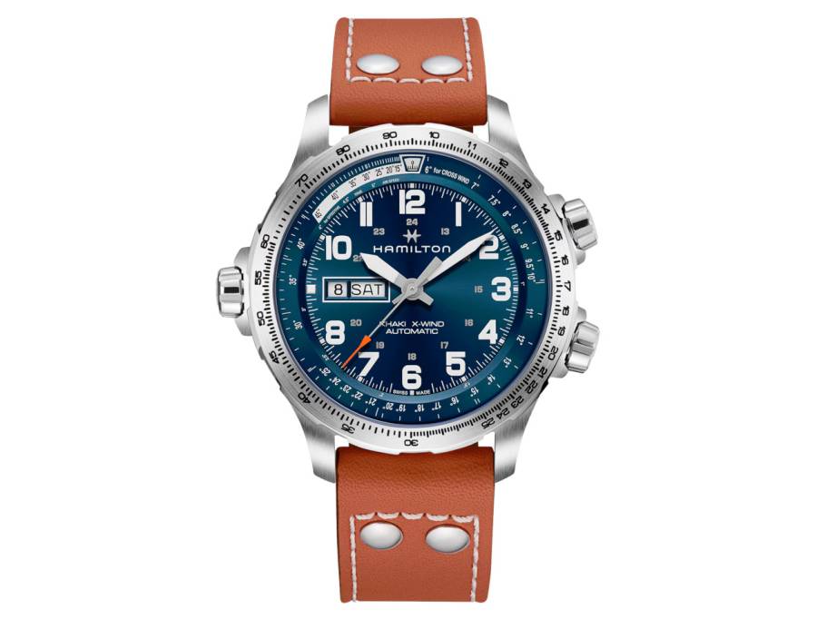 Khaki Aviation X-Wind Day Date Auto Edelstahl 45mm blaues Zifferblatt braunes Lederband