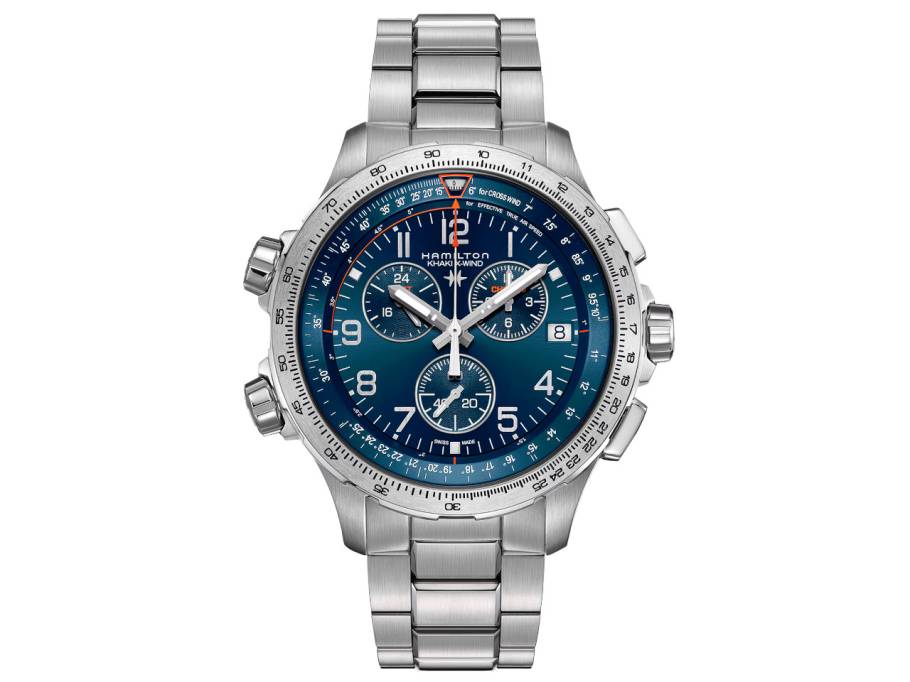 Khaki Aviation X-Wind GMT Chrono Quartz Edelstahl 46mm blaues Zifferblatt Metallband 