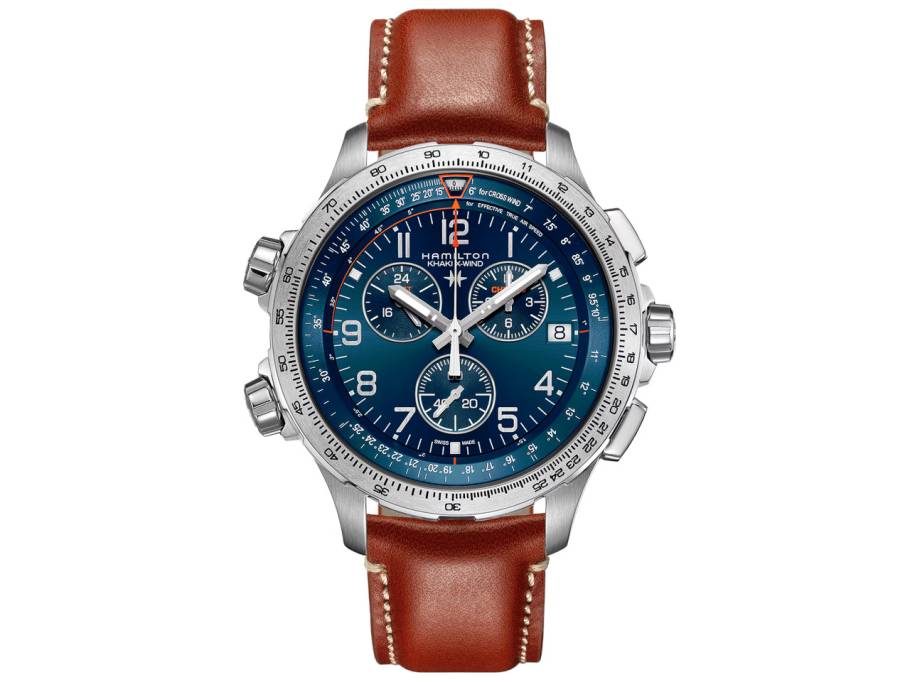 Khaki Aviation X-Wind GMT Chrono Quartz Edelstahl 46mm blaues Zifferblatt braunes Lederband