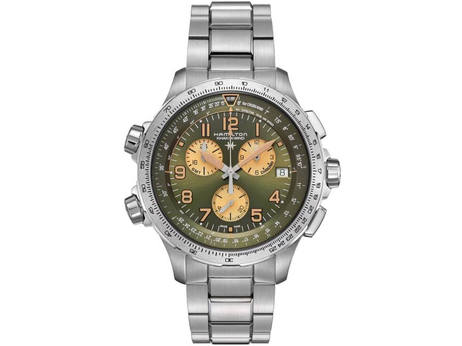 Khaki Aviation X-Wind GMT Chrono Quartz Edelstahl 46mm grünes Zifferblatt Metallband