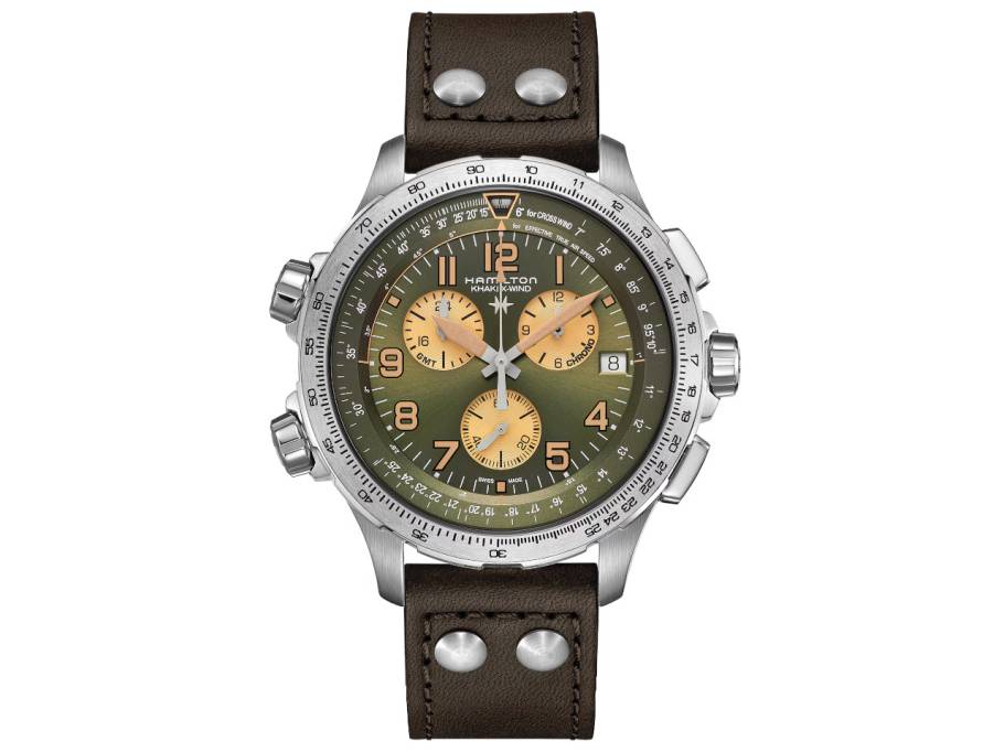 Khaki Aviation X-Wind GMT Chrono Quartz Edelstahl 46mm grünes Zifferblatt braunes Lederband