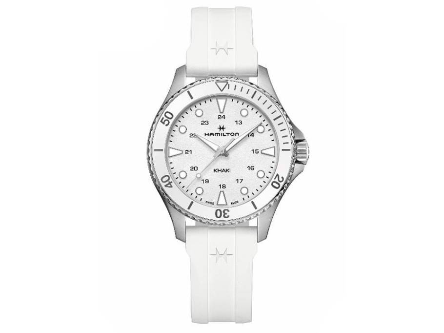 Khaki Navy Scuba Quarz Edelstahl weißes Zifferblatt weißes Kautschukband