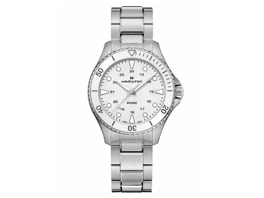 Khaki Navy Scuba Quarz Edelstahl weißes Zifferblatt Edelstahlband