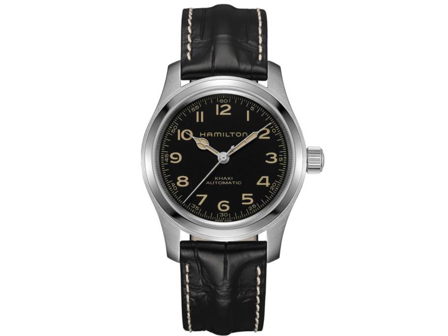 Khaki Field Murph Auto Edelstahl 42mm schwarzes Zifferblatt schwarzes Lederband
